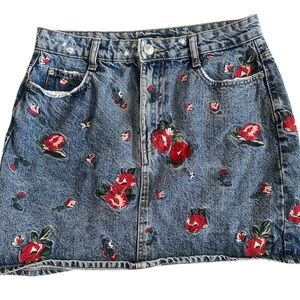 Bershka Denim Floral Embroidered Mini Jean Skirt